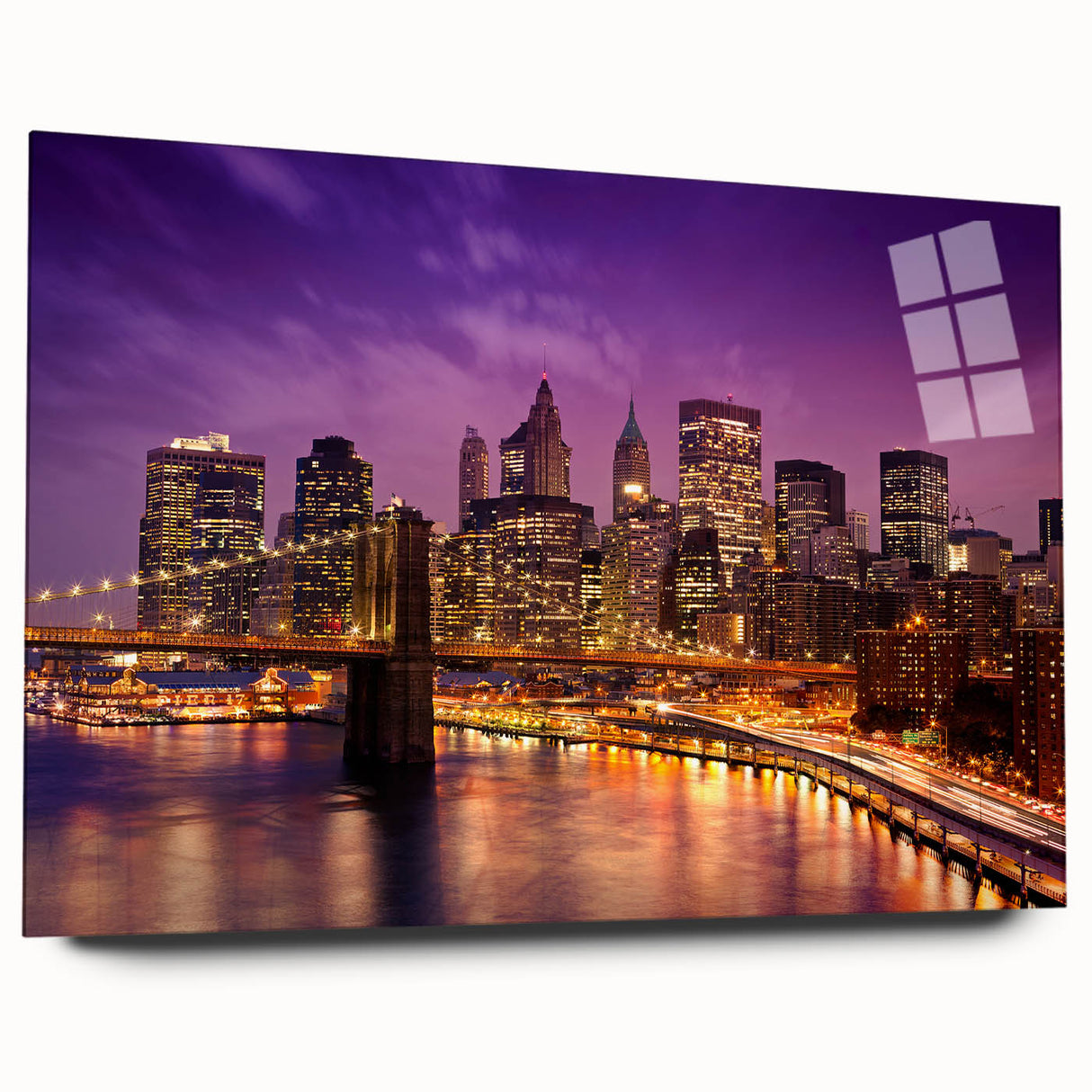 Acrylic print of a large abstract depiction of Manhattan skyline in muted gray and blue tones.