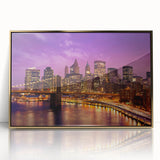 Acrylic print of Manhattan skyline in muted gold tones, styled in mid-century modernist art, suitable for modern decor.