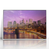 Acrylic print of Manhattan skyline in art deco style, featuring muted gray and blue tones, ideal for modern art wall decor.