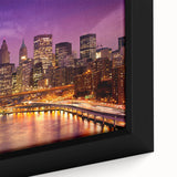 Extra large framed canvas of textured Manhattan skyline in black with colorful accents, ideal for living room decor.