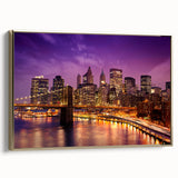 Framed canvas featuring a vintage poster art of the Manhattan skyline in black and gold tones, ideal for bedroom wall art.