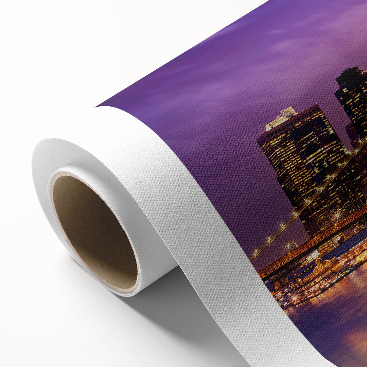 Art Deco style poster of Manhattan skyline in muted gray and blue tones on rolled canvas, ideal for nursery wall art.