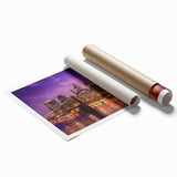 Extra large rolled print of Manhattan skyline in muted gray and blue tones, ideal for classy bathroom wall art.