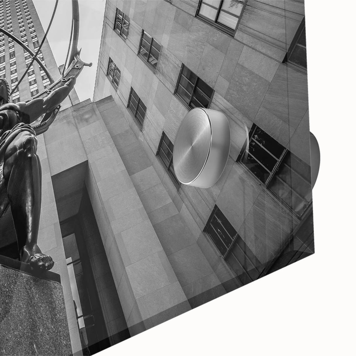 Large abstract depiction of NYC Rockefeller on acrylic glass in mid-century modernist style, ideal for dining room art.