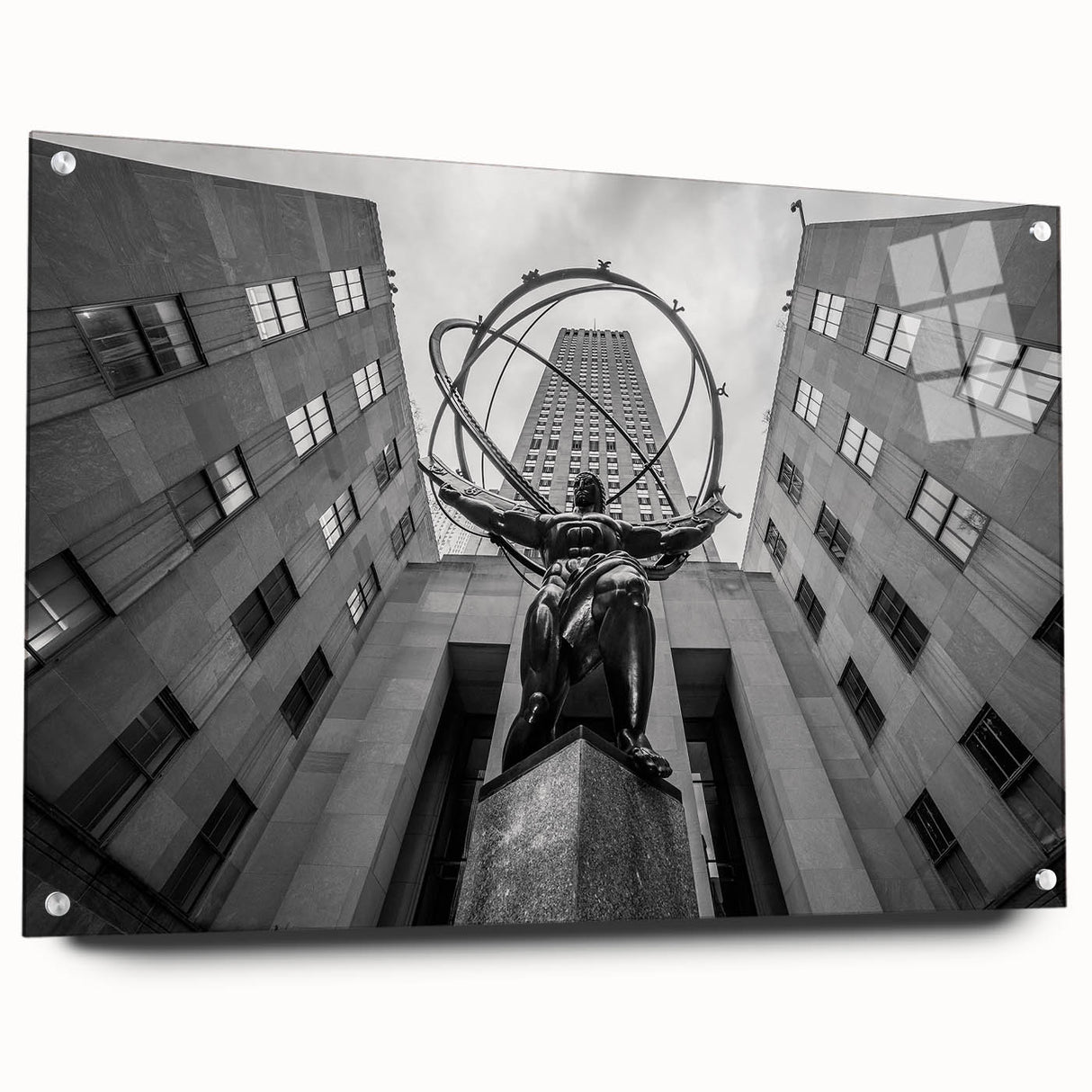 Acrylic glass print of the NYC Rockefeller view in muted urban tones, suitable for bedroom or dining room decor.