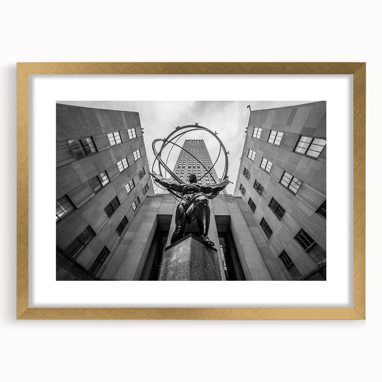 Extra large abstract art print of Rockefeller skyline, featuring textured gold matting, ideal for living room decor.