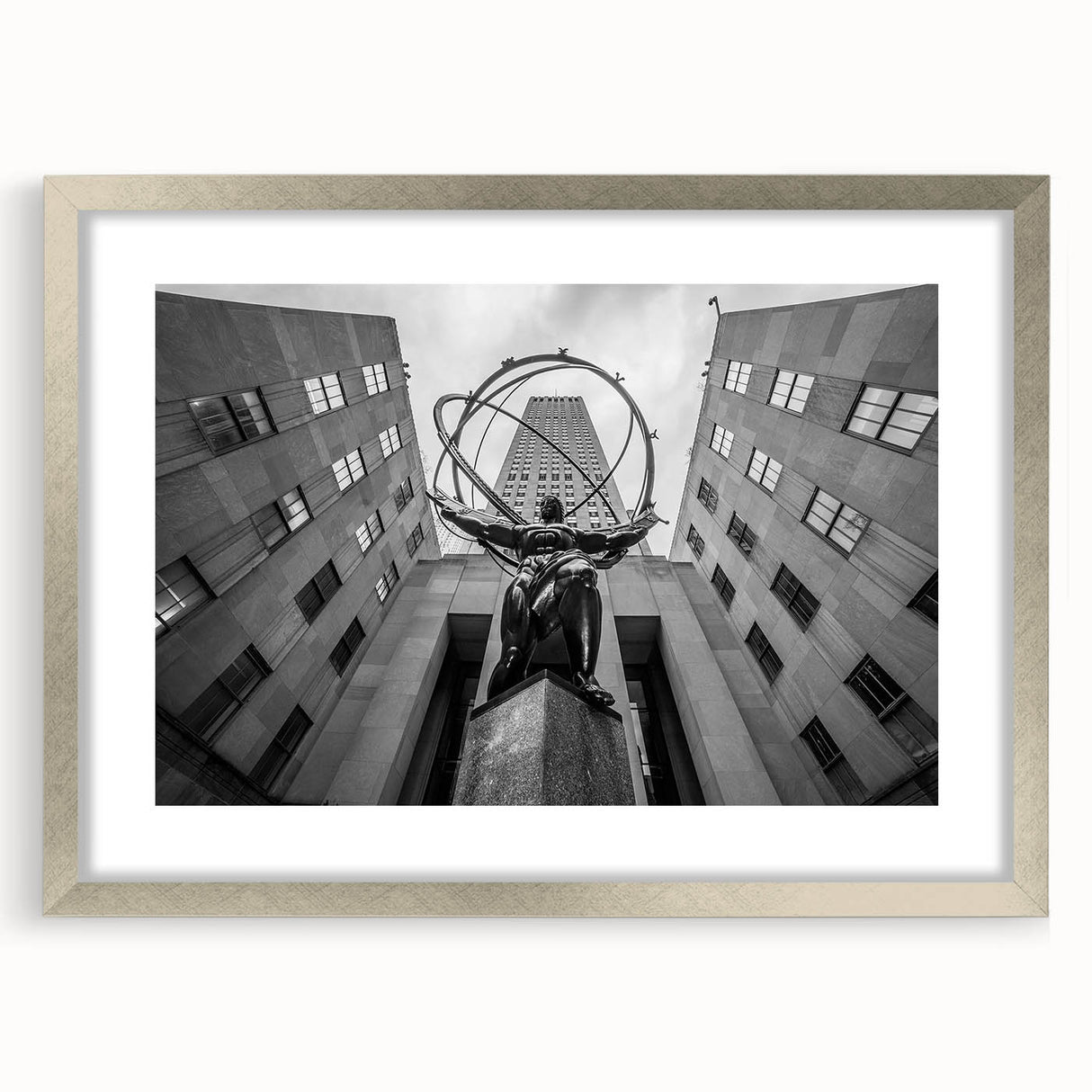 Textured abstract art print of NYC skyline in muted gray, framed in silver, ideal for bedroom art.