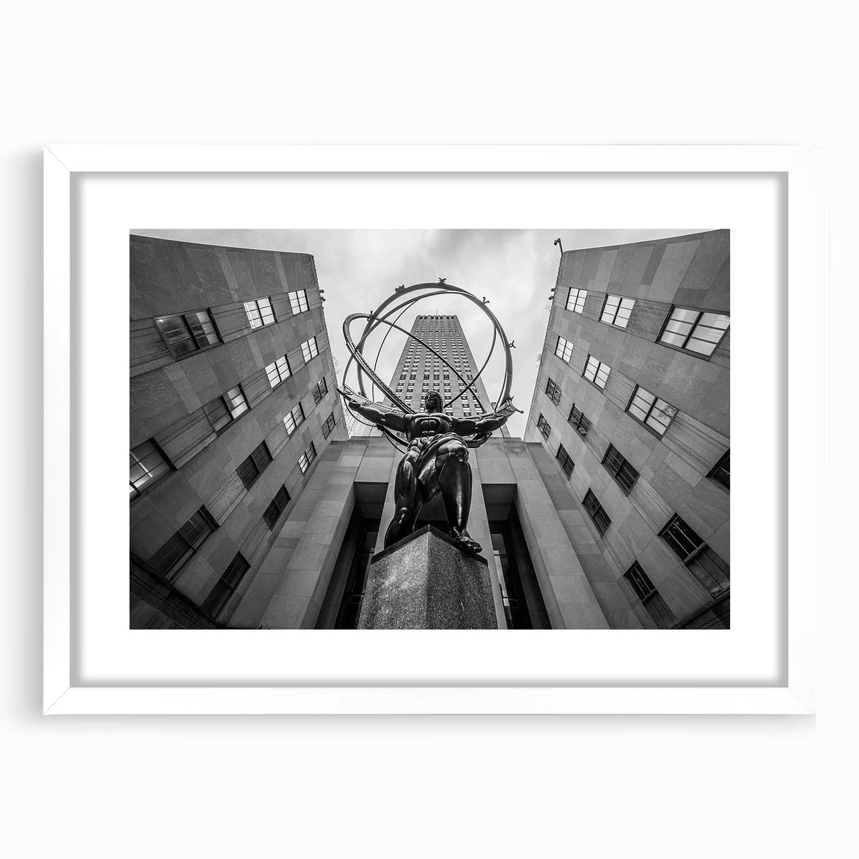 Abstract art print of New York City skyline in muted gray tones, framed with a white mat, ideal for dining room decor.