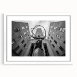 Abstract art print of New York City skyline in muted gray tones, framed with a white mat, ideal for dining room decor.