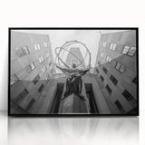 Large abstract wall art depicting New York City's Rockefeller Center in muted black and gray tones on framed acrylic.