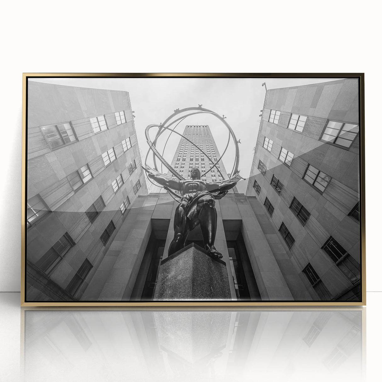 Large art print of New York City skyline in gold and black tones on acrylic, styled in mid-century modernist design.