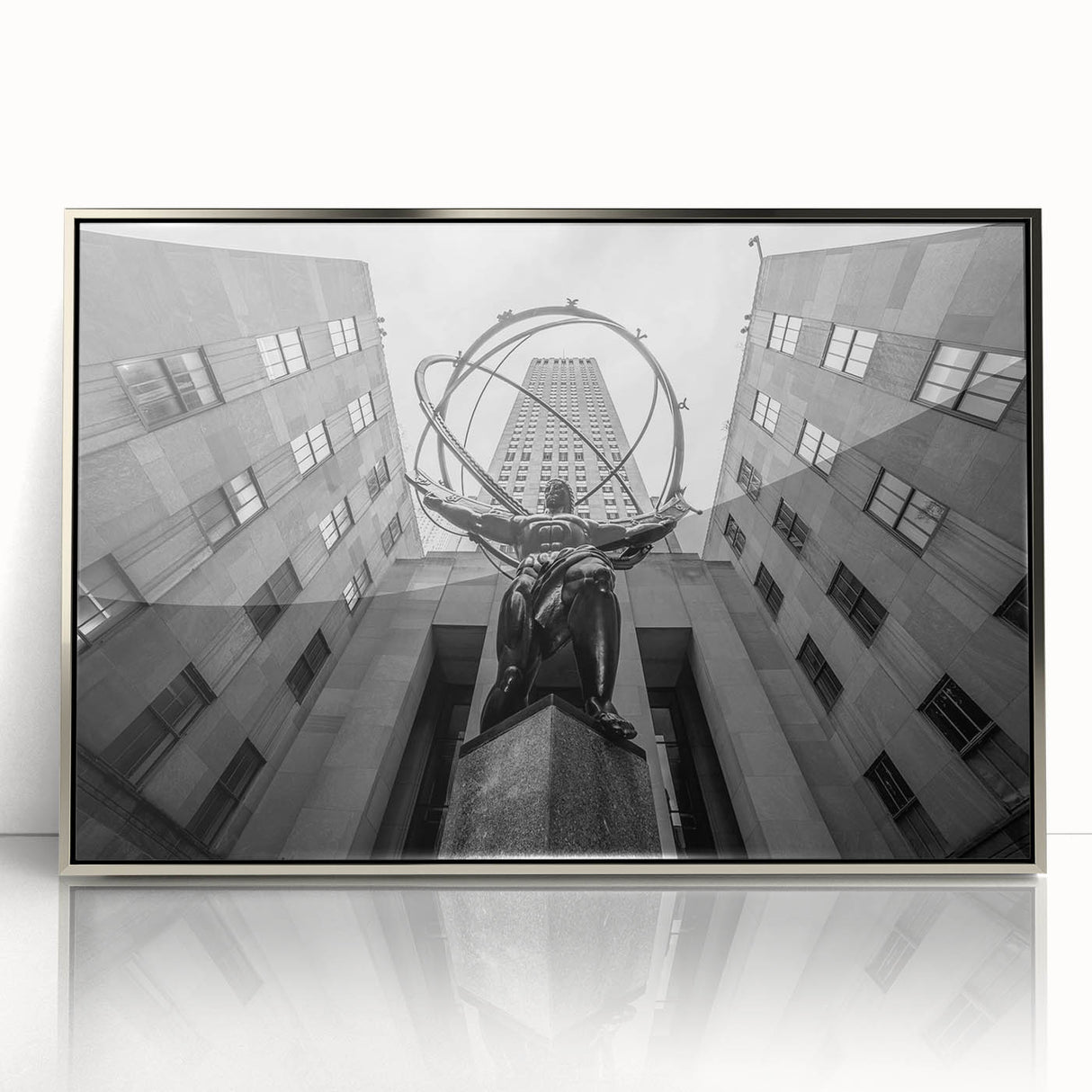 Mid-century modernist art depicting New York City skyline in muted gray tones, framed acrylic print.