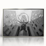 Mid-century modernist art depicting New York City skyline in muted gray tones, framed acrylic print.