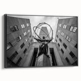 Black and white wall art featuring a vintage poster art style view of Rockefeller Center on a framed canvas.
