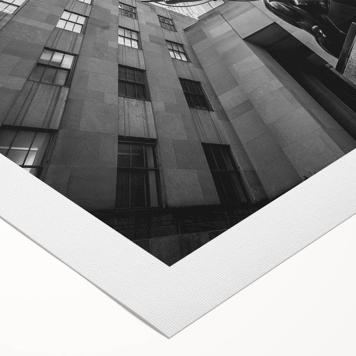 Art Deco poster of New York City skyline in monochrome, printed on rolled canvas, ideal for dining room wall art.