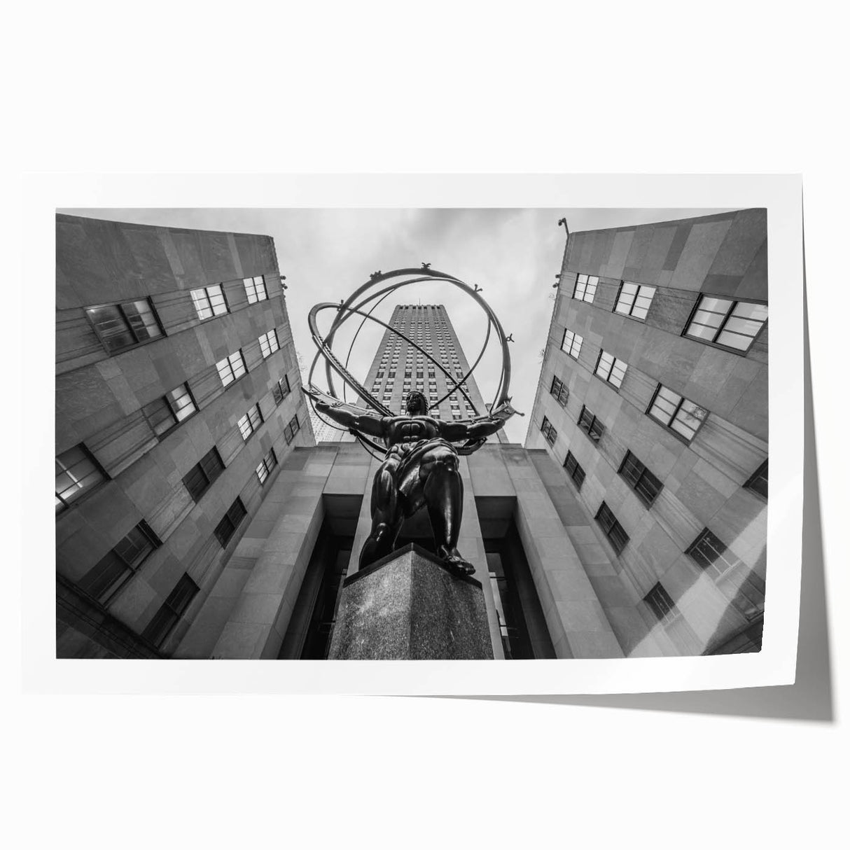 Extra large wall art of Rockefeller Center in muted brown and gray tones on rolled canvas, suitable for dining room decor.