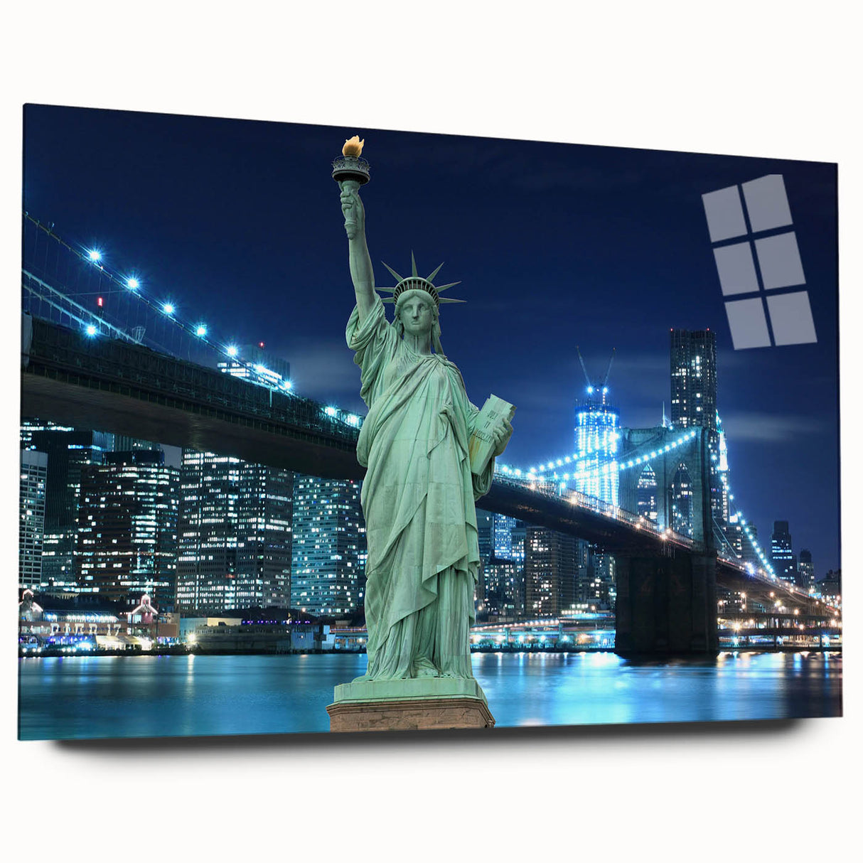 Acrylic print of the Statue of Liberty in muted green and blue tones, ideal for bedroom or dining room art.