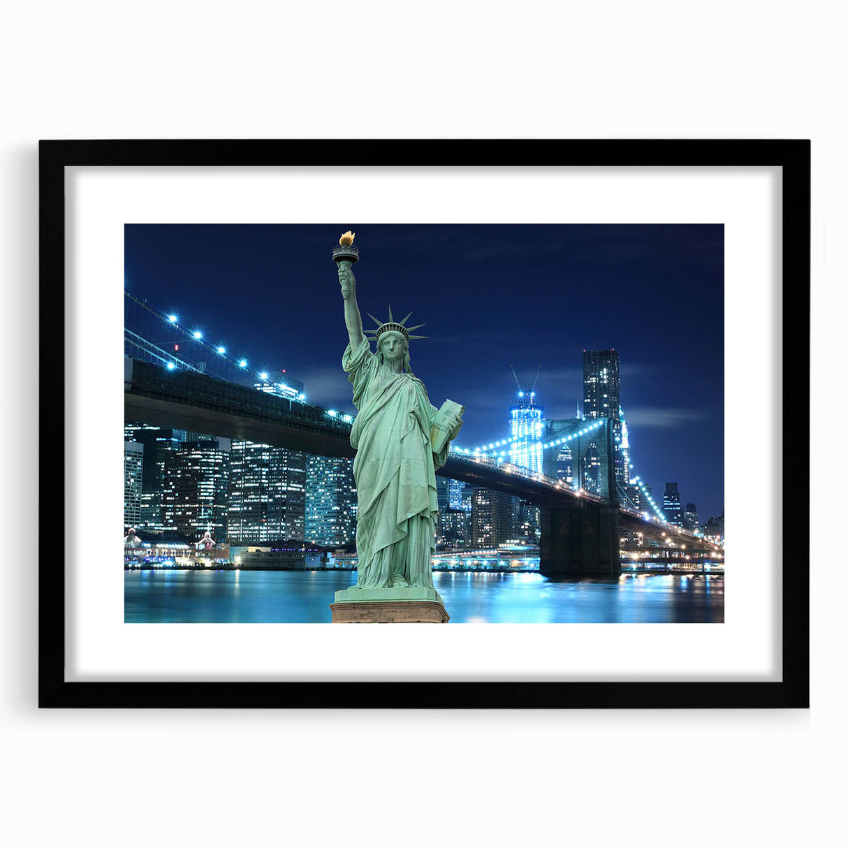 Extra large abstract art print of the Statue of Liberty in vibrant colors, textured on a framed black mat.