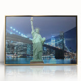 Large abstract wall art of the Statue of Liberty in muted gold tones on a framed acrylic, ideal for modern art wall decor.