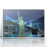 Mid-century modernist art of the Statue of Liberty in monochrome tones, acrylic print framed in white.