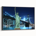 Black and white wall art featuring a side view of the Statue of Liberty on a framed canvas, suitable for bedroom decor.