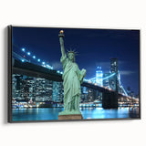 Black and white wall art featuring a side view of the Statue of Liberty on a framed canvas, suitable for bedroom decor.
