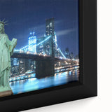 Framed canvas featuring a close-up of the Statue of Liberty in textured black with colorful accents.