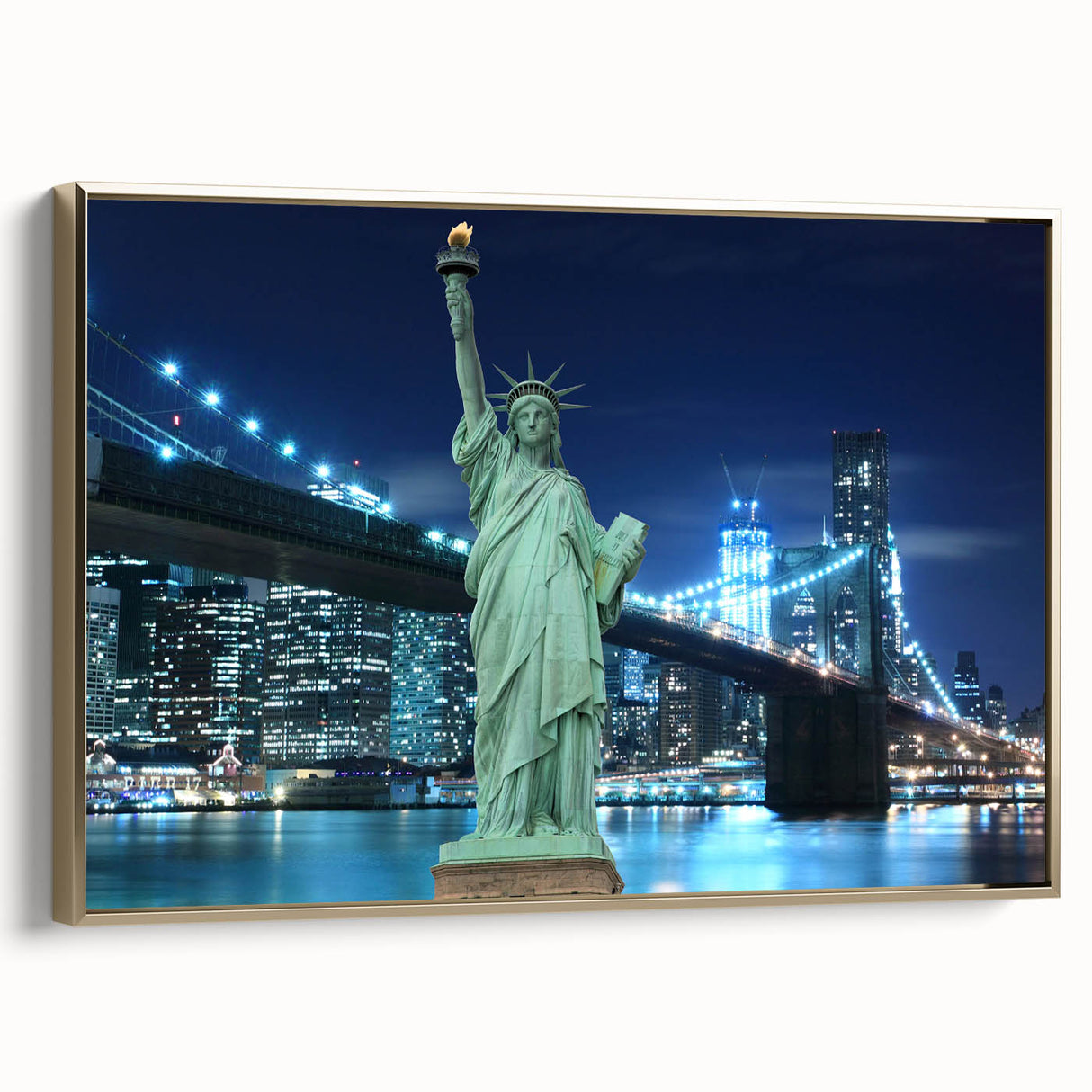 Framed canvas wall art featuring a side view of the Statue of Liberty in gold and black tones, suitable for bedroom decor.