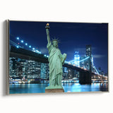 Framed canvas of the Statue of Liberty with a colorful, abstract background, suitable for modern living room decor.