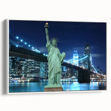 Framed vintage poster art of the Statue of Liberty in colorful hues on a large canvas, ideal for living room decor.
