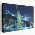 Side view of a large art print featuring the Statue of Liberty in monochrome tones on stretched canvas.