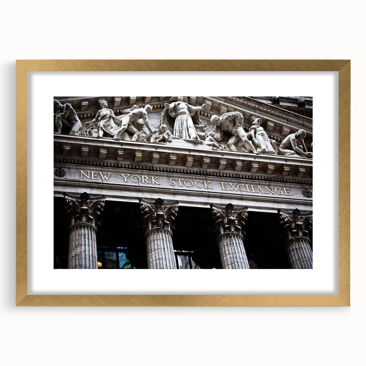 Extra large abstract art print of New York City skyline in muted gray and blue tones, framed in gold.