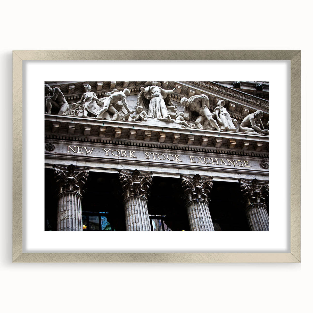 Textured art print of abstract New York City skyline in muted gray tones on a framed canvas, suitable for bedroom decor.