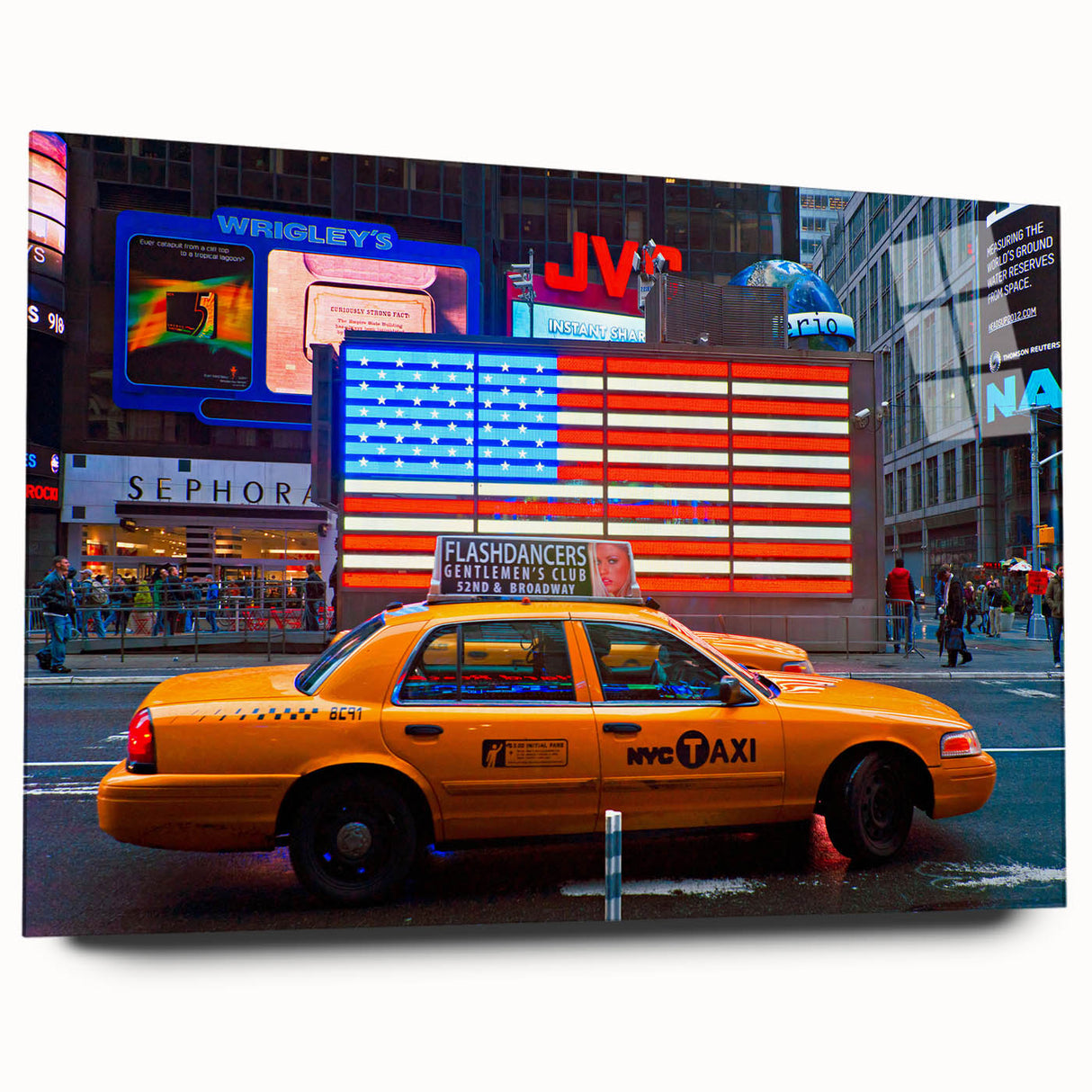 Large abstract depiction of NYC Times Square in vibrant colors on acrylic, ideal for dining room art.