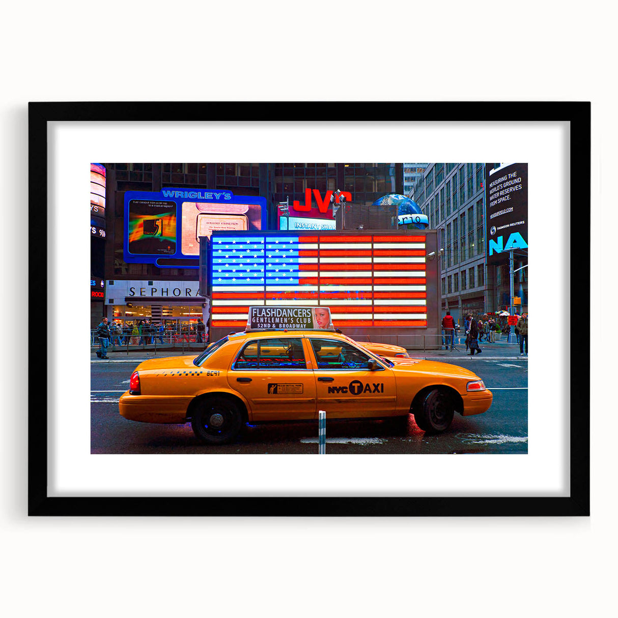 Colorful abstract art print of NYC Times Square in vibrant hues on a large framed canvas, ideal for living room decor.