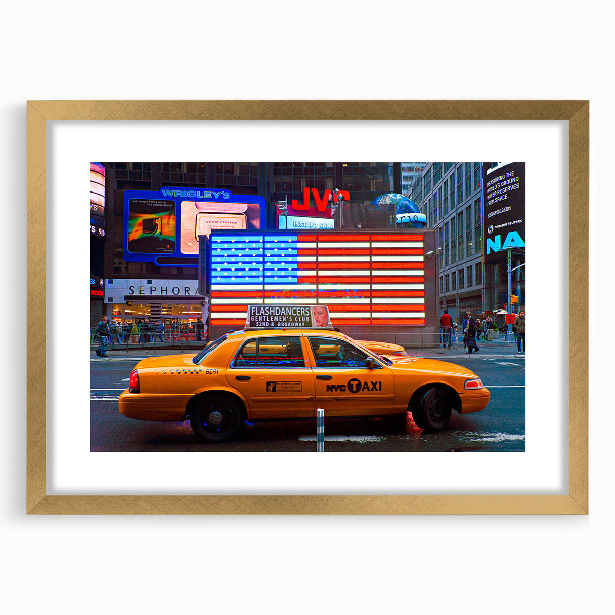 Extra large abstract art print of Times Square in vibrant, textured colors on a gold-framed canvas.