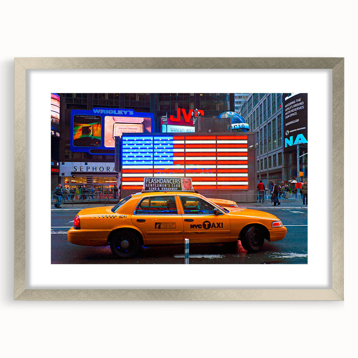 Textured art print of NYC Times Square in abstract style with vibrant colors on a framed silver mat.