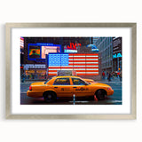 Textured art print of NYC Times Square in abstract style with vibrant colors on a framed silver mat.