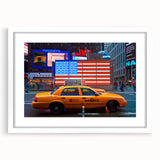 Abstract art print of Times Square with vibrant multicolor palette on a framed white mat, ideal for dining room decor.