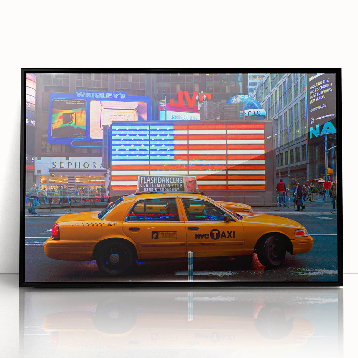 Large abstract wall art of NYC Times Square in muted gray tones on a framed acrylic, ideal for modern living room decor.