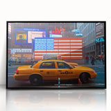 Large abstract wall art of NYC Times Square in muted gray tones on a framed acrylic, ideal for modern living room decor.