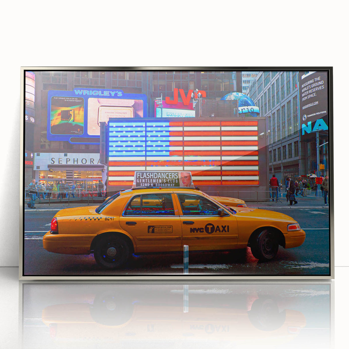 Mid-century modernist art of Times Square in muted grays and blues on a framed acrylic, suitable for modern art wall decor.