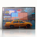 Mid-century modernist art of Times Square in muted grays and blues on a framed acrylic, suitable for modern art wall decor.