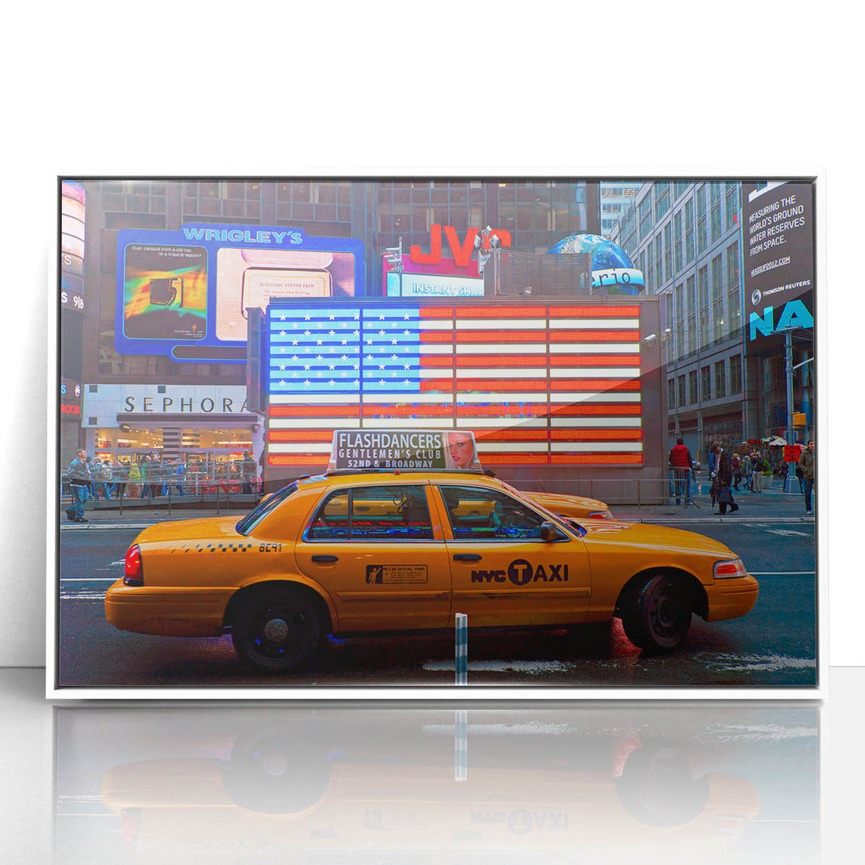 Art deco style poster of Times Square with vibrant colors on white framed acrylic, suitable for modern art wall decor.