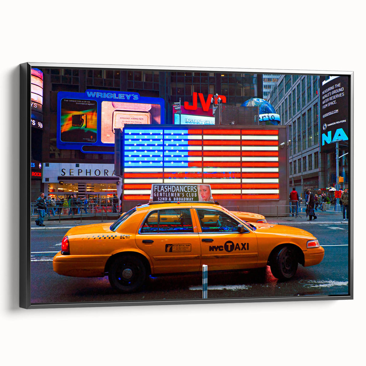 Black and white wall art of Times Square landscape on framed canvas, suited for bedroom decor.