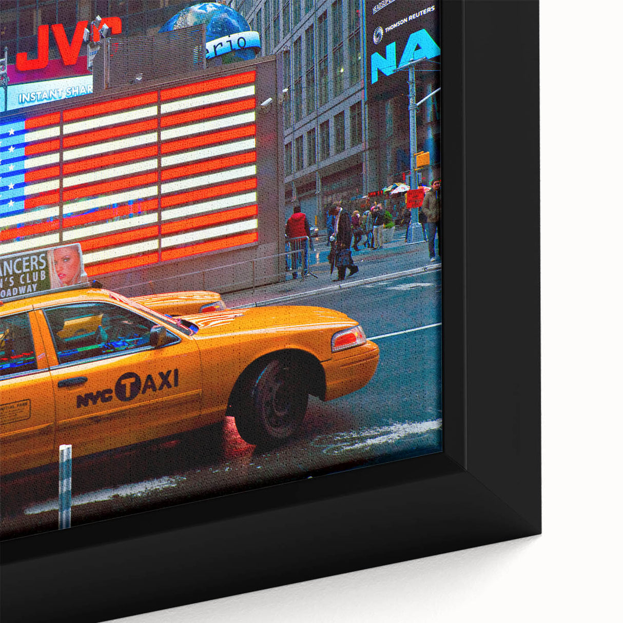 Extra large framed canvas of Times Square with textured, colorful art on a black background, suitable for living room decor.