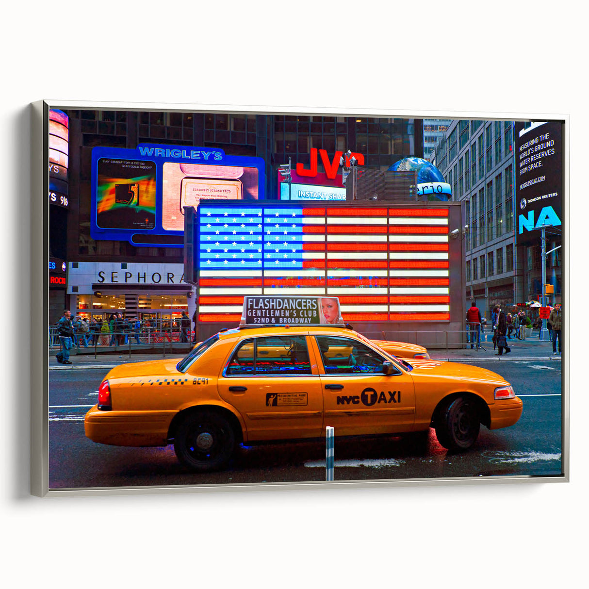 Landscape art painting of Times Square with colorful art details on a silver-framed canvas, ideal for vibrant office decor.