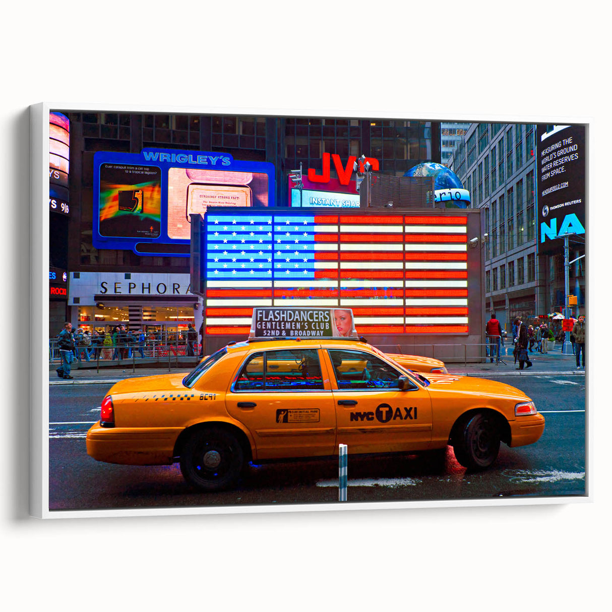 Vintage poster art of Times Square with colorful details on extra large framed canvas, ideal for living room decor.