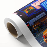 Art deco poster of Times Square in muted colors on rolled canvas, suitable as nursery wall art or for dining room ambiance.