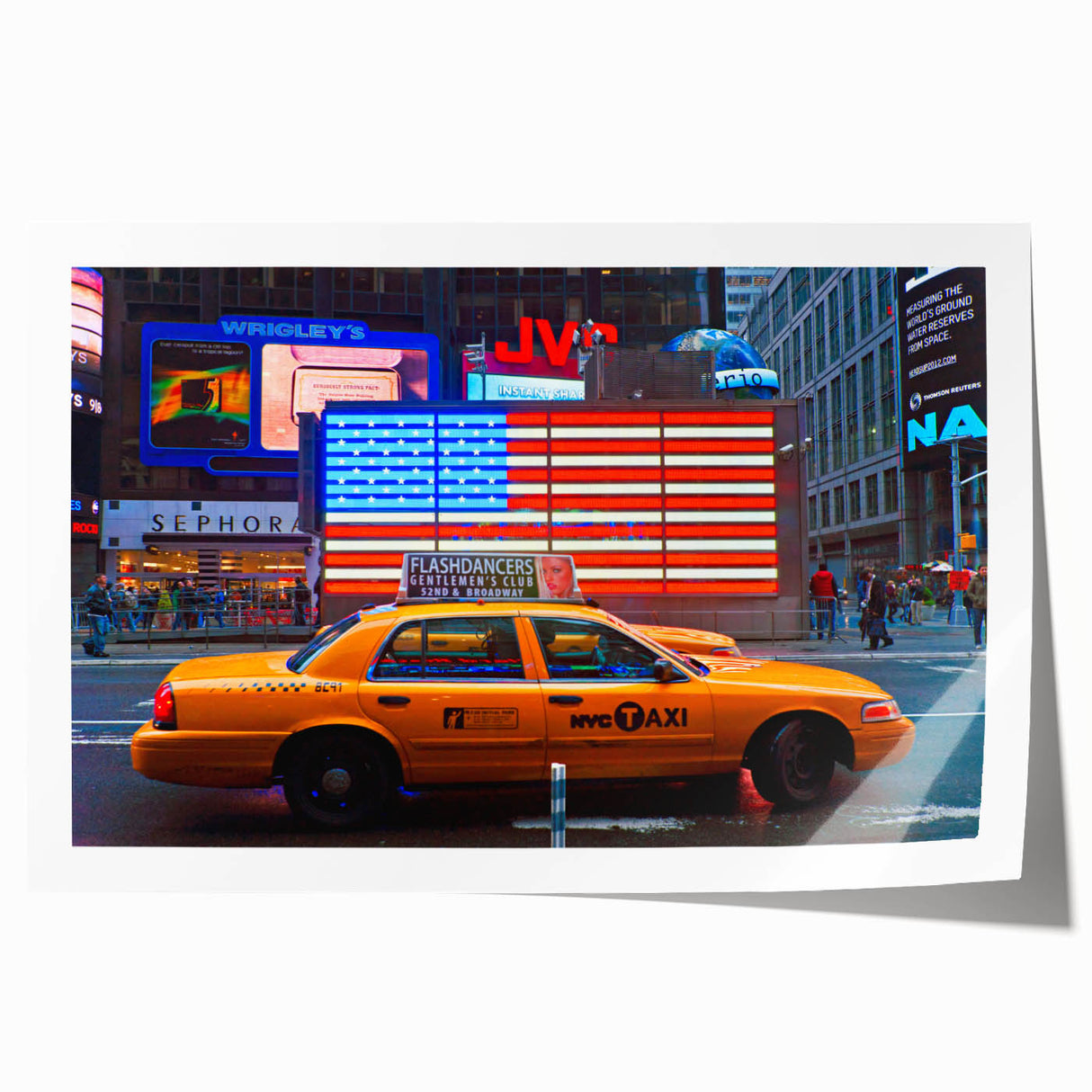 Times Square scene in vibrant colors on rolled print, suitable as art wall for dining room.
